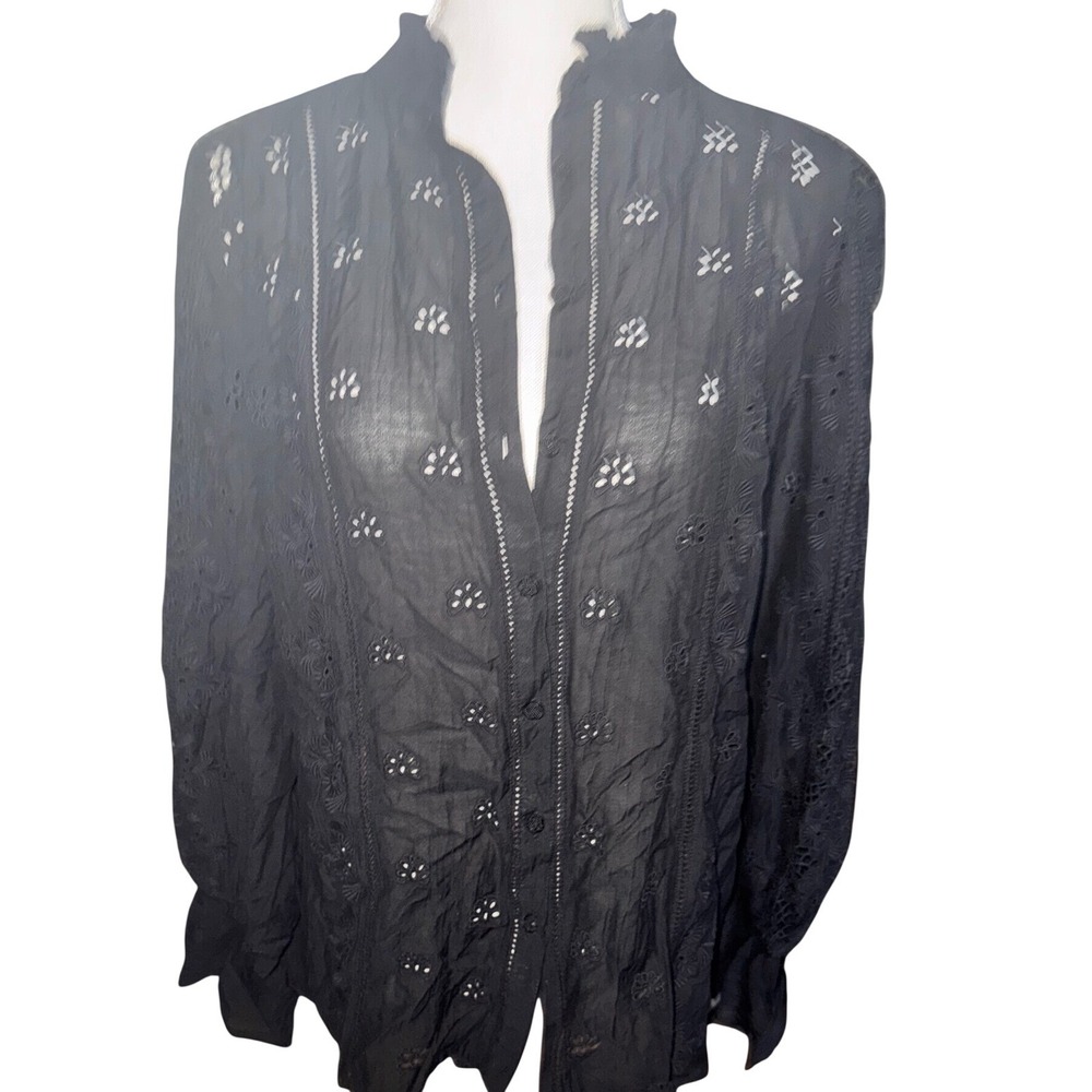 Sundance Black Eyelet Embroidered Button Front Blouse Boho Ruffle Neck Medium